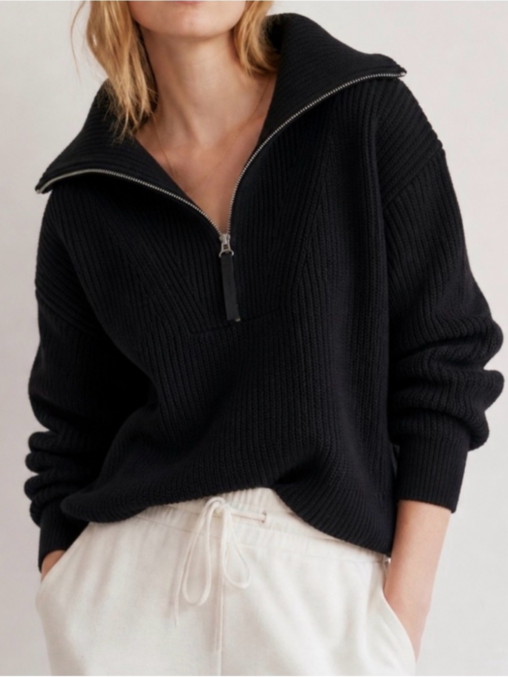 Lou & Grey LOFT Black Long Sleeve Cowl Neck Quarter Zip Knit Sweater Size Small